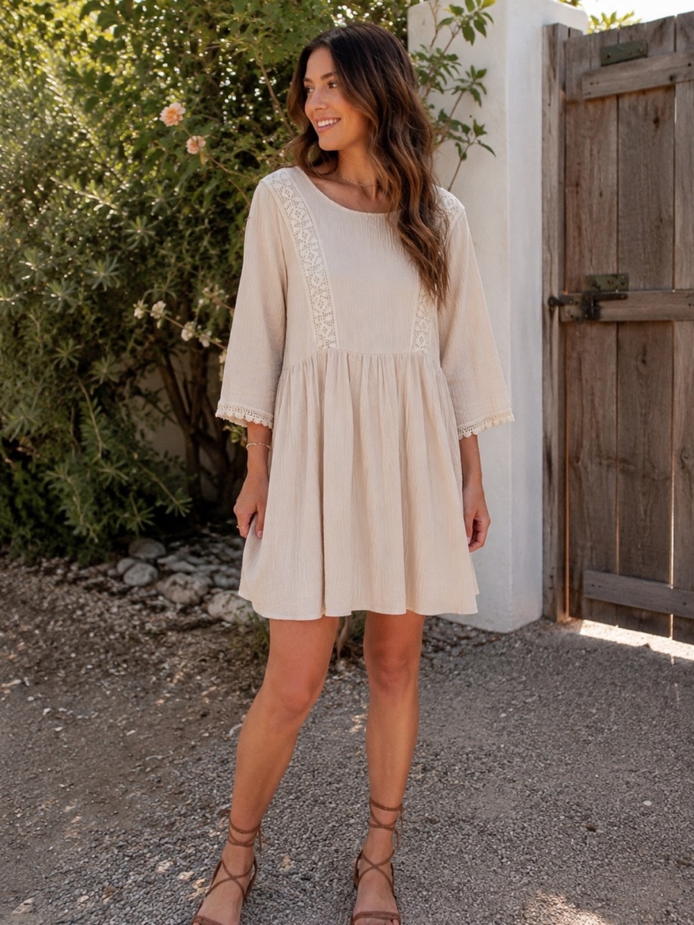 ANTHROPOLOGIE ERI + ALI Long Sleeve Dress Cream/White Size Small